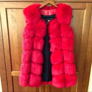 New With Tags Elegant Faux Fur Vest In Striking Pinkish/Red Color